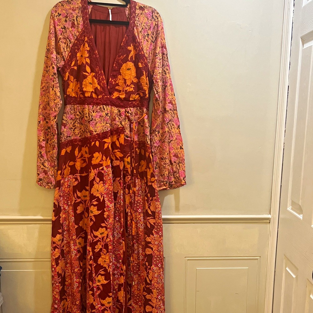 Free People Womens XS Burgundy Pink Orange Floral V-Neck Lace Tie Maxi Dress